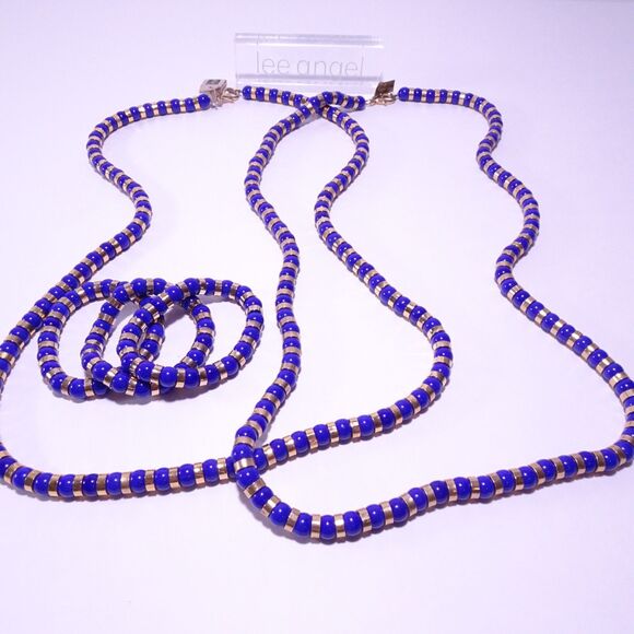 Neiman Marcus Lee Angel Blue Glass Gold Three Layer Bracelet NWT 220 - Picture 7 of 7